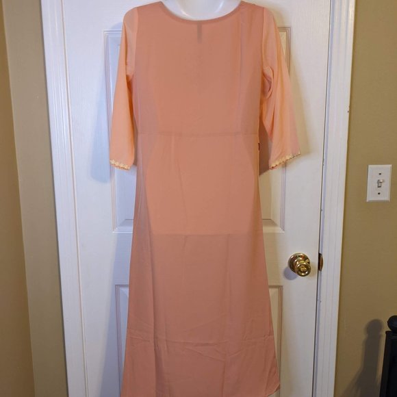 Janasya Floral Peach Sheer Crepe Overlay 3/4 Sleeves Maxi Dress - S/M NWT - Picture 4 of 6